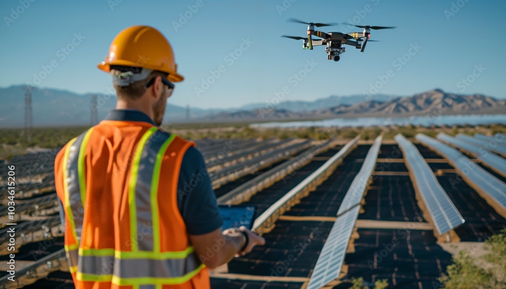Technician operating remote-controlled uas for solar panel inspection Technician operating remote-controlled uas for solar panel inspection
