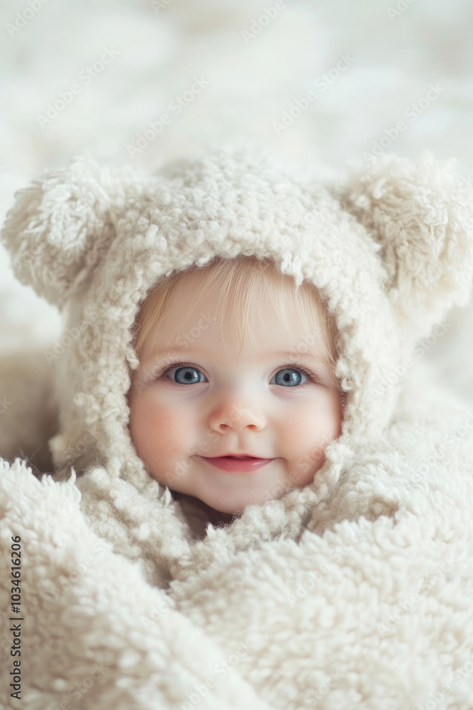 A baby wearing a fluffy bear outfit, smiling with bright blue eyes. Suitable for children's lifestyle photography and baby-themed designs. A baby wearing a fluffy bear outfit, smiling with bright blue eyes. Suitable for children's lifestyle photography and baby-themed designs.