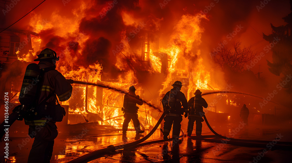 Fototapeta premium fire in the forest, a group of courageous firefighters clad in protective gear confronts an inferno with resolute determination