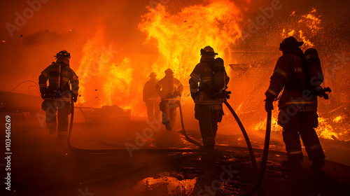 fire in the forest, a group of courageous firefighters clad in protective gear confronts an inferno with resolute determination photo