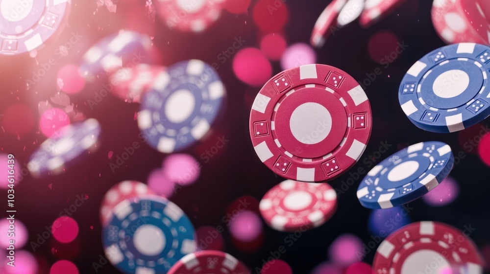 Vibrant casino chips floating in a colorful background for gaming and gambling enthusiasts Vibrant casino chips floating in a colorful background for gaming and gambling enthusiasts