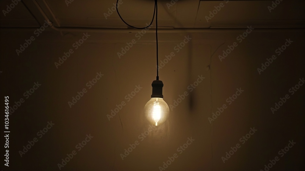 Dark empty room with single flickering light bulb casting long shadows, emphasizing absence of power and eerie atmosphere, minimalist setting with focus on light bulb's glow. Dark empty room with single flickering light bulb casting long shadows, emphasizing absence of power and eerie atmosphere, minimalist setting with focus on light bulb's glow.
