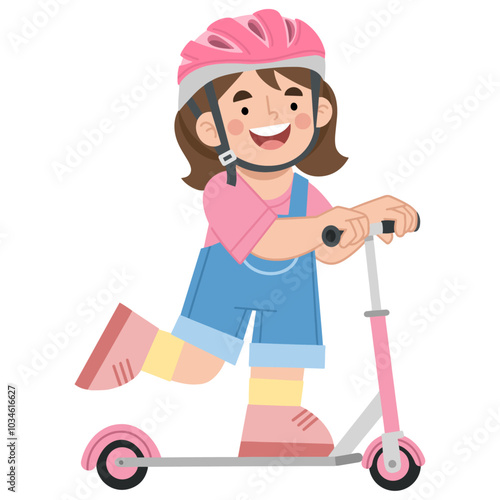 Vector illustration of happy girl riding a scooter
