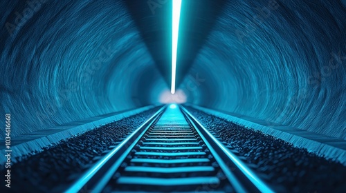 Illuminated train tracks leading into a futuristic tunnel of light and depth