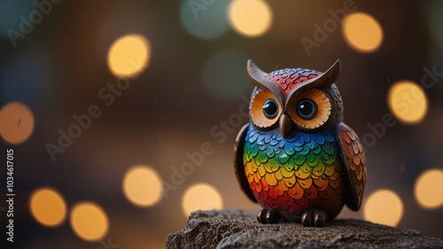 A colorful owl figurine sits on a rock with bokeh lights in the background.