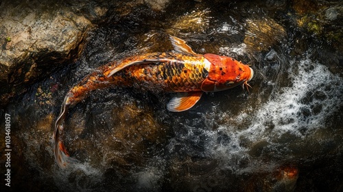 A vibrant orange and white Koi fish swims through a pond, creating ripples and bubbles in the water.