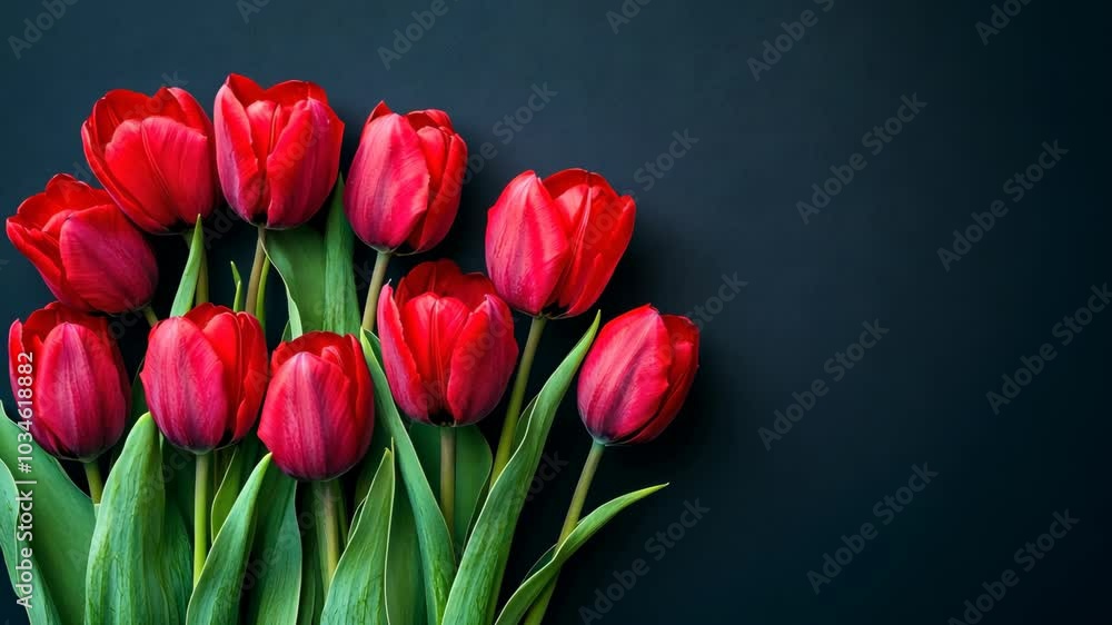 A bouquet of red tulips sits on a dark background A bouquet of red tulips sits on a dark background