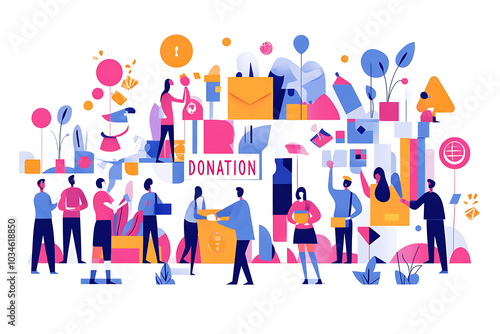 Flat art style illustration showing a fundraising event with people donating, holding charity symbols, and supporting a philanthropic cause. 