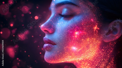 Beautiful female face. Radiant rays emanate from the face. The rays end with pictures of mitochondria, blood vessels, and rose hips.