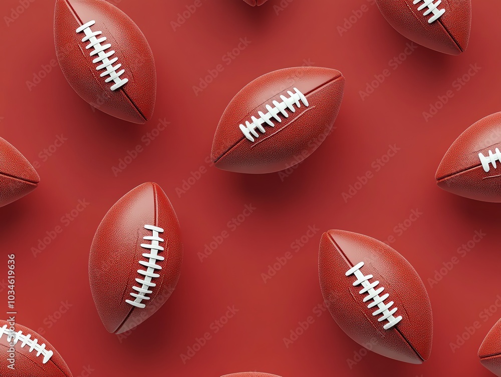 A seamless pattern of American footballs on a red background.