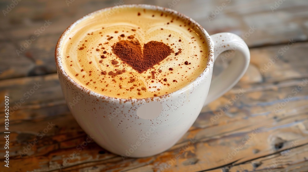 A cappuccino with a heart-shaped cinnamon powder design on the surface, placed in an elegant white mug against a rustic wooden table background A cappuccino with a heart-shaped cinnamon powder design on the surface, placed in an elegant white mug against a rustic wooden table background