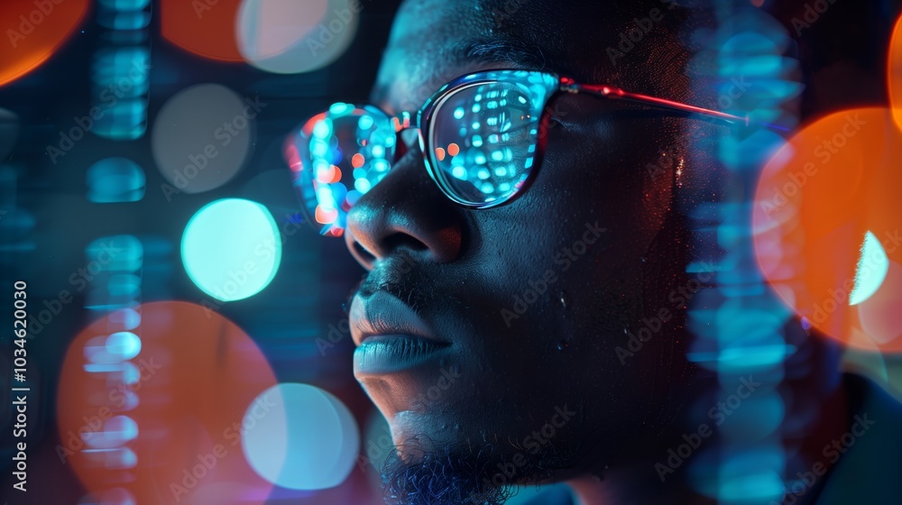 Businessman with glasses is looking at digital data and code on the screen, with blue light effects and a digital background Businessman with glasses is looking at digital data and code on the screen, with blue light effects and a digital background