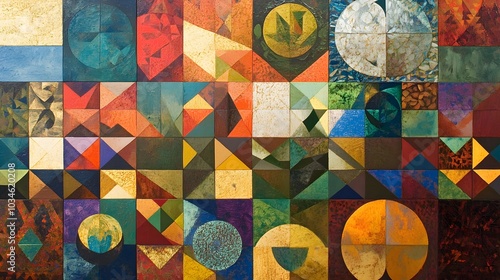 A colorful mosaic tile pattern with a variety of shapes and colors. The tiles are arranged in a way that creates a sense of movement and energy. Scene is vibrant and lively, with the colors