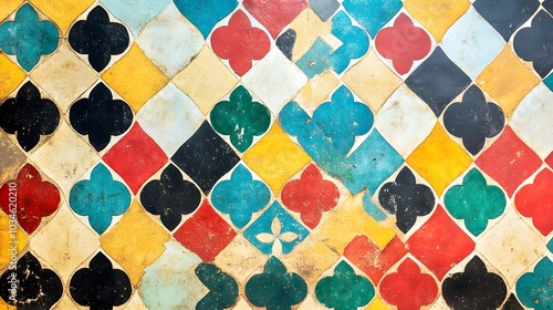 A colorful mosaic tile pattern with a variety of shapes and colors. The tiles are arranged in a way that creates a sense of movement and energy. Scene is vibrant and lively, with the colors