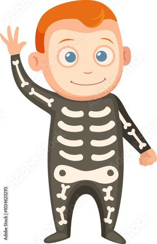 Boy in skeleton party costume. Halloween cartoon kid