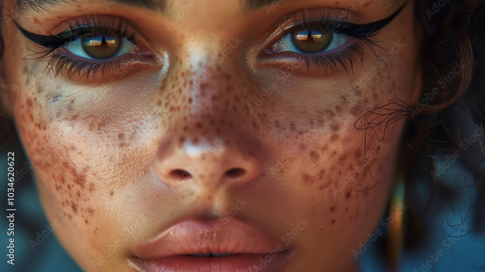 Close up of supermodel with thick black winged eyeliner, brown eyes, neutral expression, glossy skin Close up of supermodel with thick black winged eyeliner, brown eyes, neutral expression, glossy skin