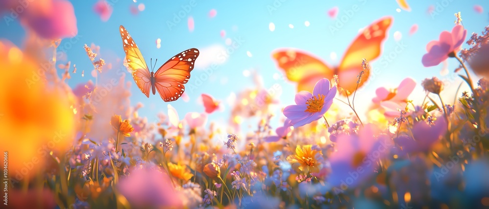 Dreamy abstract landscape of flowers and butterflies against a blue sky, colorful 3D digital art cartoon illustration, aesthetic wallpaper celebrating the magic of spring and joy Dreamy abstract landscape of flowers and butterflies against a blue sky, colorful 3D digital art cartoon illustration, aesthetic wallpaper celebrating the magic of spring and joy
