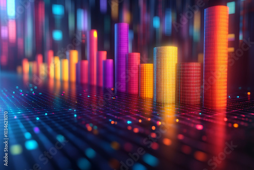 A dynamic 3D data visualization displaying colorful chart bars  illustrating business analytics  statistics  and trends in a modern  abstract style. 