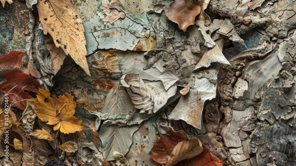 An earthy collage of muted tones and rough textures evoking the feeling of walking through a dense autumn forest filled with crunchy leaves and gnarled tree trunks An earthy collage of muted tones and rough textures evoking the feeling of walking through a dense autumn forest filled with crunchy leaves and gnarled tree trunks