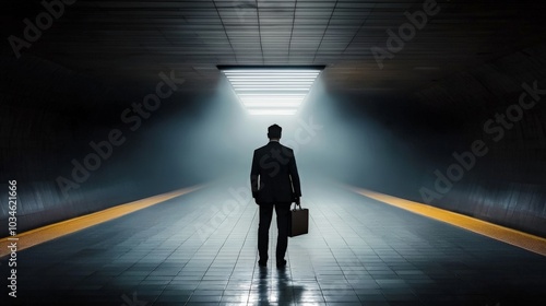 A businessman gripping his briefcase tightly, standing alone in an empty subway station, the lighting dim and moody, evoking a sense of isolation from dark-toned crime dramas photo