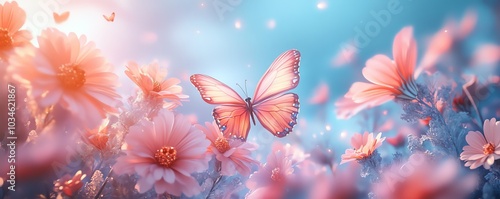 Vibrant abstract fantasy scene featuring flowers and butterflies in a blue sky setting photo