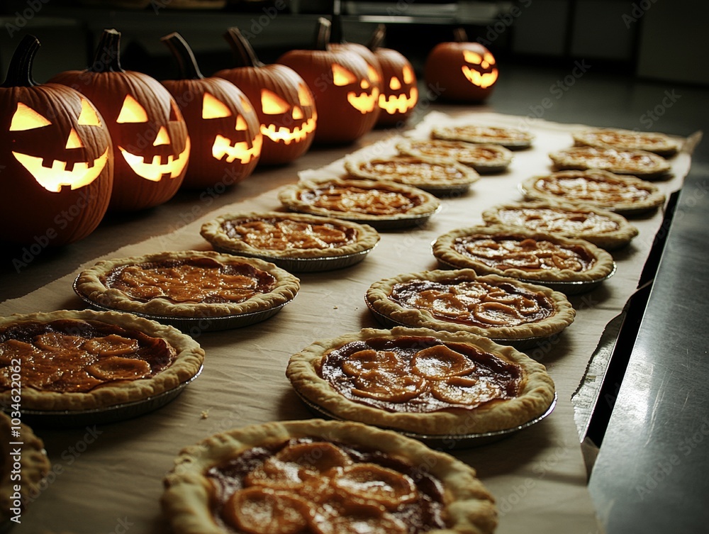 A fun Halloween pumpkin pie-eating contest with kids and parents racing to finish spooky pies A fun Halloween pumpkin pie-eating contest with kids and parents racing to finish spooky pies
