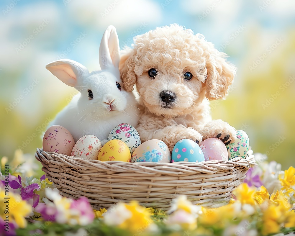Adorable poodle puppy and a white bunny sitting snugly in an Easterthemed basket, surrounded by colorful eggs and vibrant spring flowers, ideal for a festive holiday design Adorable poodle puppy and a white bunny sitting snugly in an Easterthemed basket, surrounded by colorful eggs and vibrant spring flowers, ideal for a festive holiday design