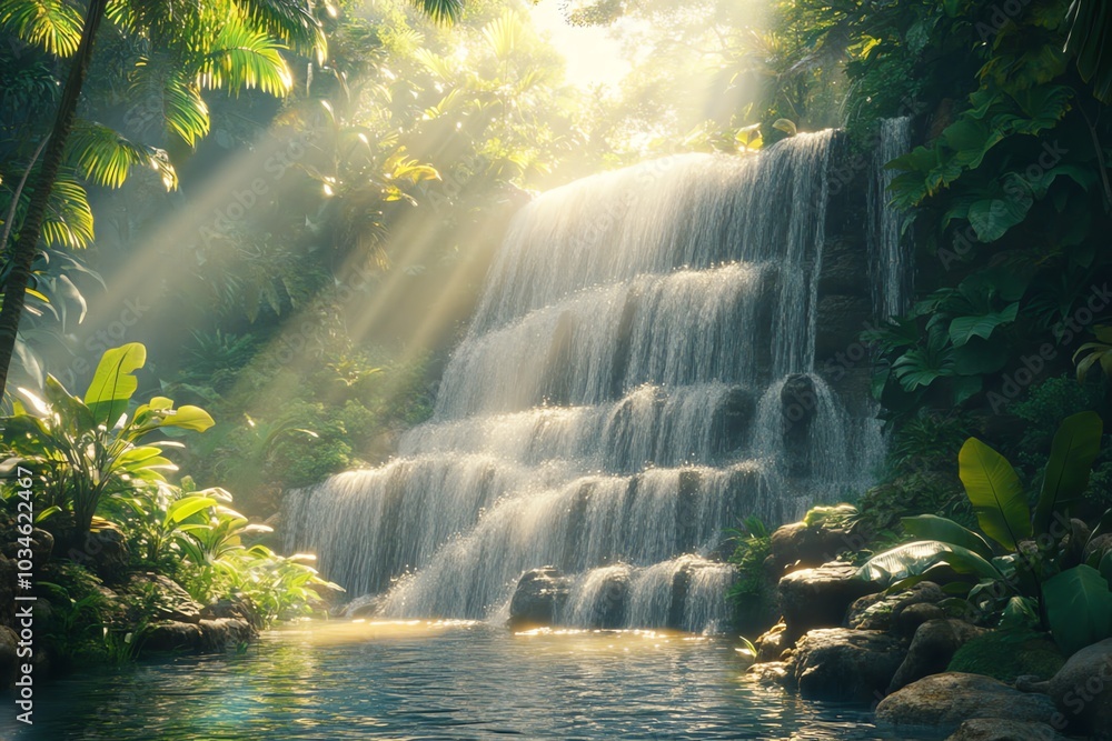 A cascading waterfall in a lush tropical jungle with sunlight shining through the foliage. A cascading waterfall in a lush tropical jungle with sunlight shining through the foliage.