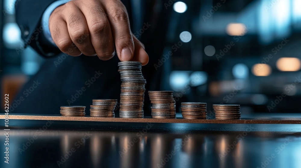 A businessperson carefully balancing stacked coins on a seesaw, the coins teetering precariously while they concentrate, symbolizing financial risk and balance, set in a sleek office environment A businessperson carefully balancing stacked coins on a seesaw, the coins teetering precariously while they concentrate, symbolizing financial risk and balance, set in a sleek office environment