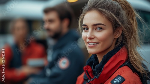 A young woman in vibrant rescue attire smiles confidently. Behind her, colleagues engage in conversation, hinting at a focused teamwork atmosphere in bright daylight.