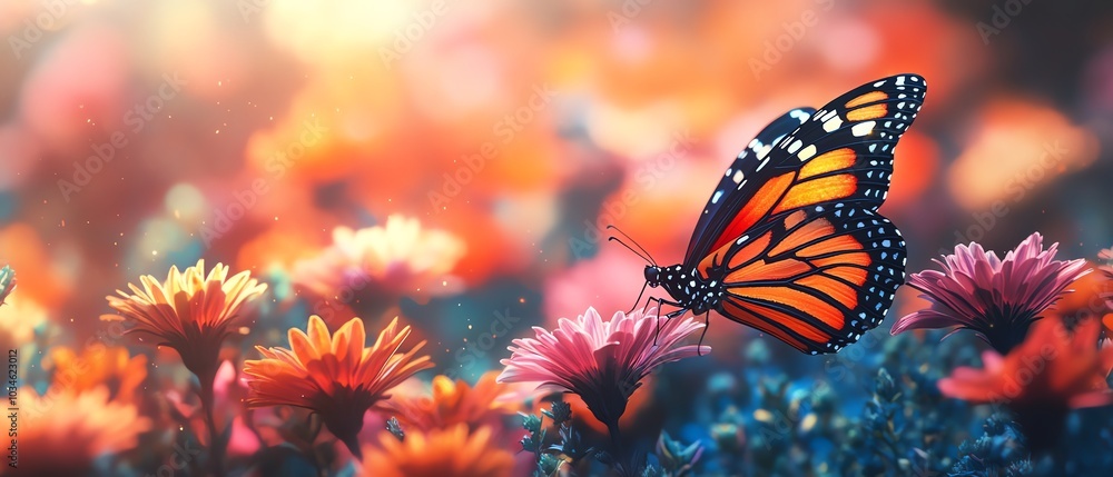 Enchanting butterfly on a flower background, pollinating vibrant blooms in a colorful garden, 3D rendered modern digital art, surreal commercial editorial advertisement banner Enchanting butterfly on a flower background, pollinating vibrant blooms in a colorful garden, 3D rendered modern digital art, surreal commercial editorial advertisement banner