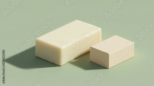 Minimalist image of two cream-colored soap bars on a soft green background.