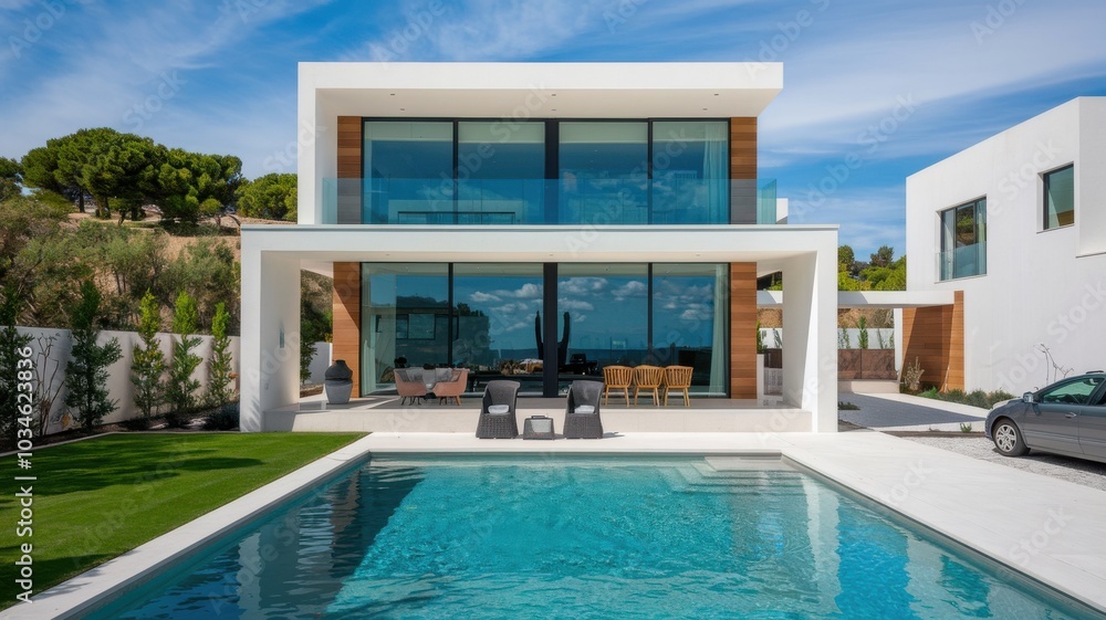 Fototapeta premium Modern villa with pool, glass facade, and green lawn under a blue sky.