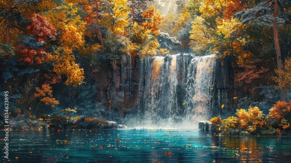 Fototapeta premium Forest waterfall, vibrant colors, lush greenery, serene environment, inviting