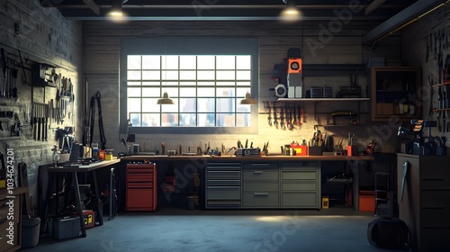 114. A trendy workshop setup with tools and an unoccupied area for a product