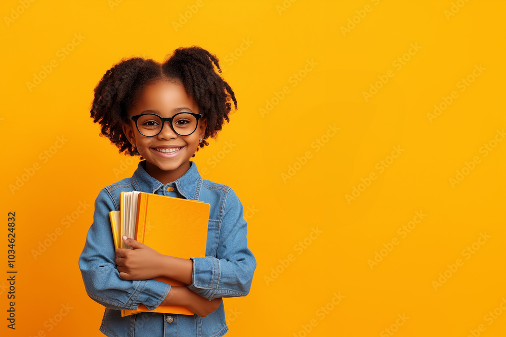 Portrait of a cheerful african american schoolgirl with glasses, holding books and a backpack on a yellow background Portrait of a cheerful african american schoolgirl with glasses, holding books and a backpack on a yellow background