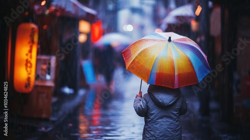 Wallpaper Mural A person with a colorful umbrella walks through a rainy street in a Japanese city, with glowing lanterns in the background. Torontodigital.ca