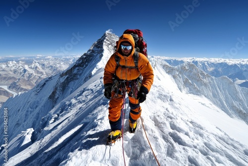 A climber braving the Hillary Step on Mount Everest, the narrow, perilous section of the ascent, with sheer drops on either side and the summit just beyond