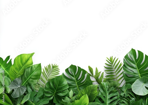 Lush green tropical leaves and plants creating a natural frame or border Vibrant and fresh botanical background for peaceful serene and eco friendly design