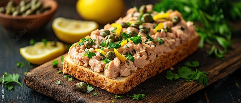 Freshly made tuna sandwich with zesty lemon, garnished with capers and vibrant herbs, resting on a rustic wooden board, evoking culinary delight and healthy food choices Freshly made tuna sandwich with zesty lemon, garnished with capers and vibrant herbs, resting on a rustic wooden board, evoking culinary delight and healthy food choices