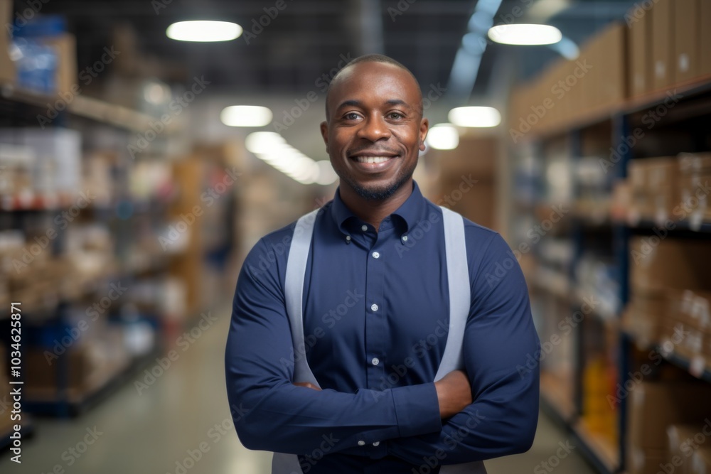 Portrait of a happy salesman standing in hardware store Portrait of a happy salesman standing in hardware store