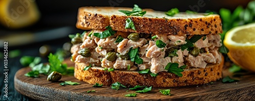 Homemade tuna sandwich on a rustic board, adorned with capers, fresh herbs, and lemon, highlighting the charm of healthy eating and gourmet homecooking photo