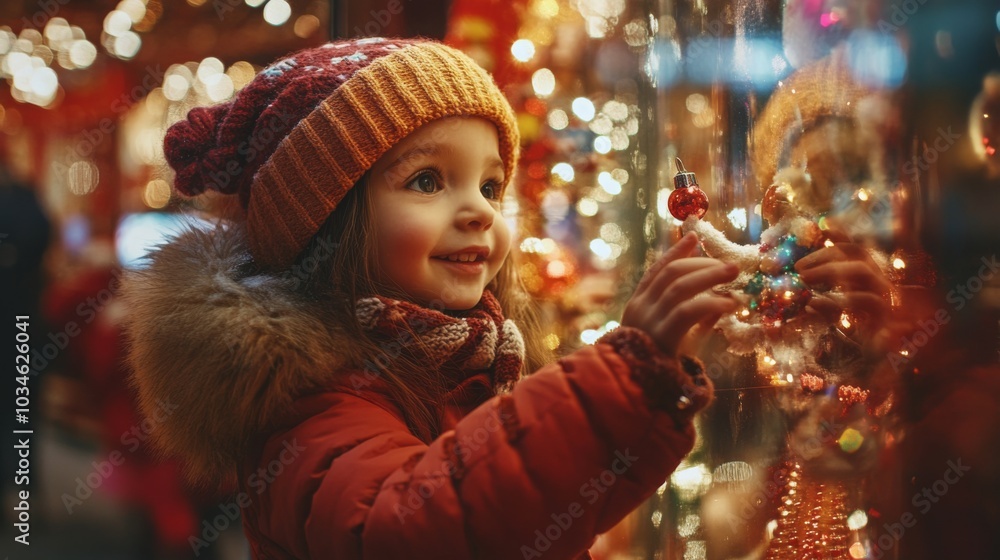 A delighted young girl wearing a warm red coat and knitted hat gazes at colorful decorations in a winter market. The twinkling lights create a magical atmosphere, filling her with joy and wonder. A delighted young girl wearing a warm red coat and knitted hat gazes at colorful decorations in a winter market. The twinkling lights create a magical atmosphere, filling her with joy and wonder.