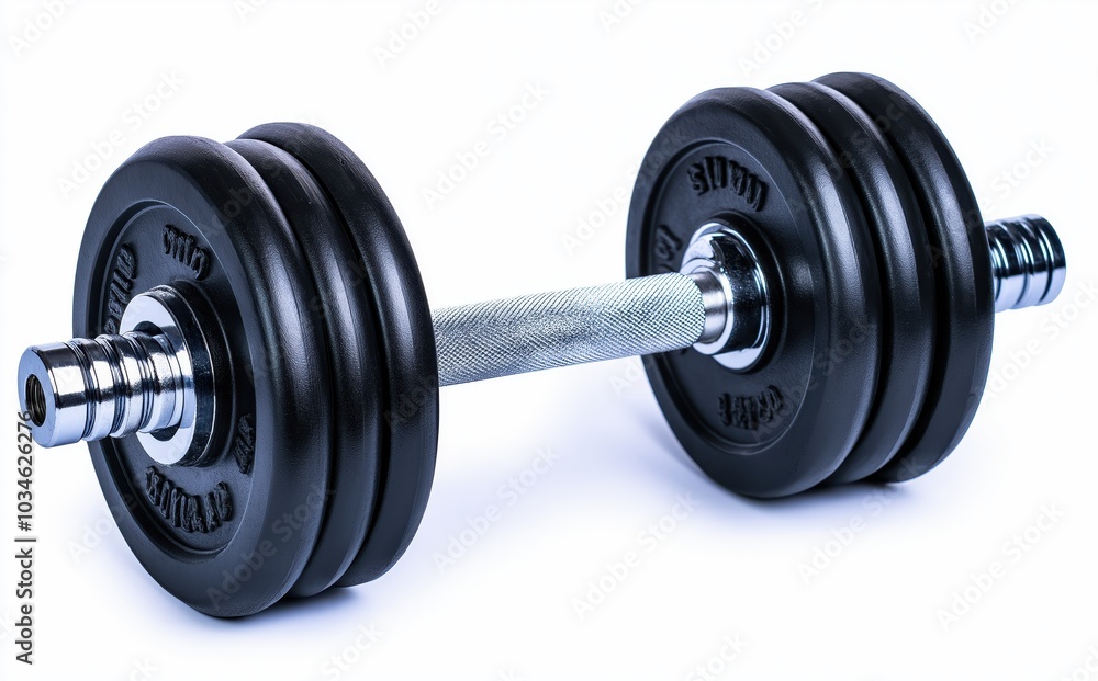 Naklejka premium Weightlifting Equipment for Intense Strength and Muscle Building Workouts Dumbbells and barbell with metal weights on a plain background perfect for fitness bodybuilding and exercise content