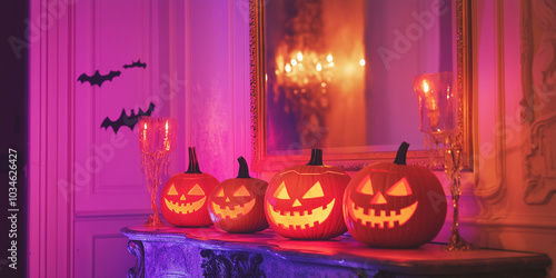 Pink-Hued Spooky Fireplace: Halloween décor featuring jack-o-lanterns and a pink color scheme, set on the mantel. photo