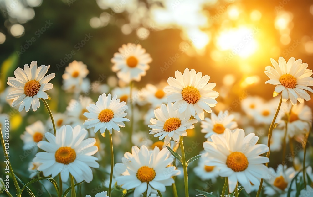 Stunning golden hour landscape with vibrant white daisies blooming in a sunlit meadow, capturing the essence of wildflower blooming photography Stunning golden hour landscape with vibrant white daisies blooming in a sunlit meadow, capturing the essence of wildflower blooming photography