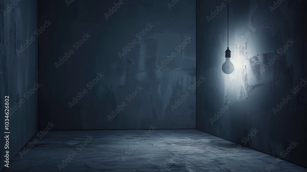 Dark empty room with single flickering light bulb casting long shadows, emphasizing absence of power and eerie atmosphere, minimalist setting with focus on light bulb's glow. Dark empty room with single flickering light bulb casting long shadows, emphasizing absence of power and eerie atmosphere, minimalist setting with focus on light bulb's glow.