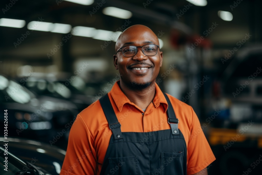 Portrait of a smiling middle aged African American car mechanic Portrait of a smiling middle aged African American car mechanic