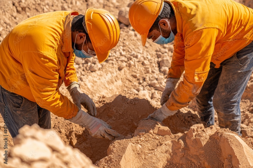 Construction Workers Excavating Soil at a Work Site Construction Workers Excavating Soil at a Work Site
