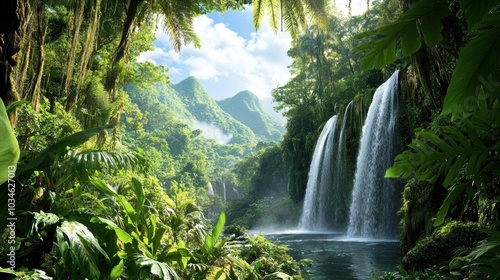 Tropical Rainforest with Cascading Waterfalls